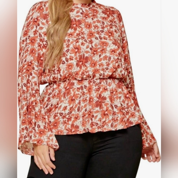 🆕Andree by Unit Long Sleeve Bell Floral Peplum Blouse - Picture 1 of 15
